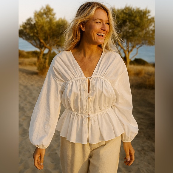 Faithfull the Brand Tops - SOLD Faithfull the Brand Mondello Silk-Cotton Lace-Up Blouse – White